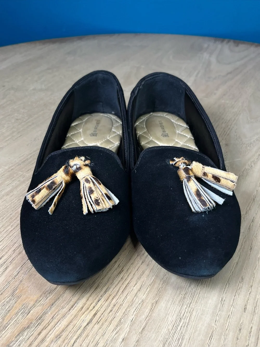 Birdies The Blackbird Black Velvet Leopard Tassel Loafers Women’s Size 8